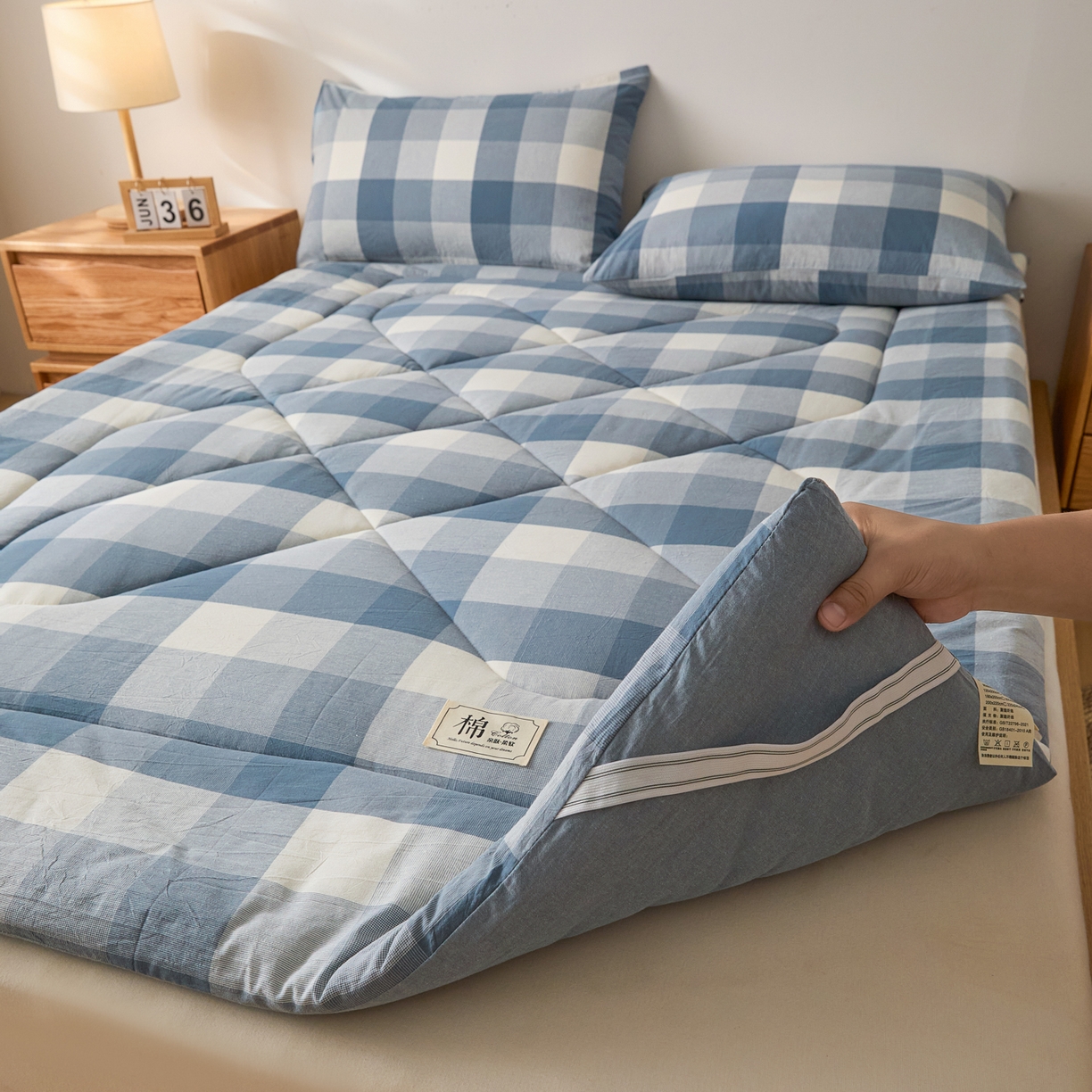 91家纺网 家纺一手货源 找家纺 爱屋及屋 2025新款无印风四季款棉花床垫 蓝中格