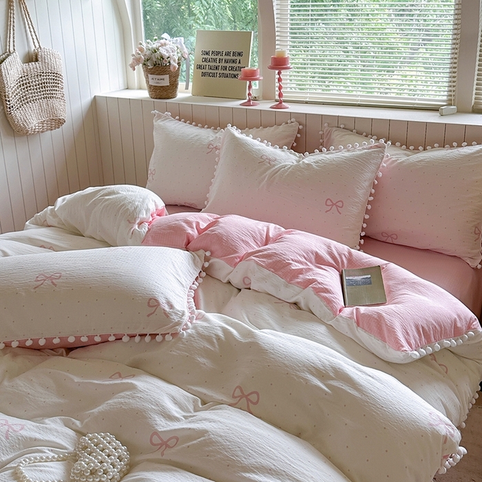 91家纺网 家纺一手货源 找家纺 缘生活 2025新款皱皱纱毛球球流苏四件套 皱皱纱球球流苏-蝴蝶结粉