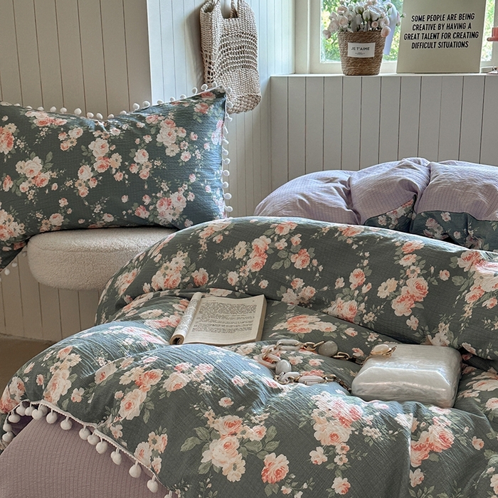 91家纺网 家纺一手货源 找家纺 缘生活 2025新款皱皱纱毛球球流苏四件套 皱皱纱球球流苏-花簇