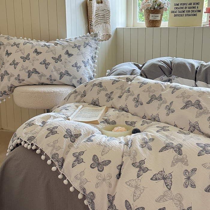 91家纺网 家纺一手货源 找家纺 缘生活 2025新款皱皱纱毛球球流苏四件套 皱皱纱球球流苏-蝴蝶-蓝