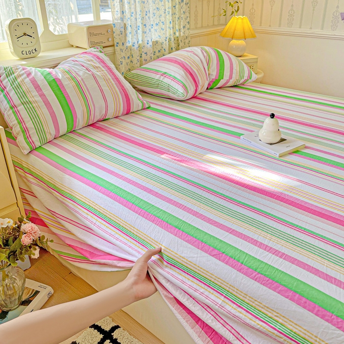 91家纺网 家纺一手货源 找家纺 繁花家居 2025软爆高克重水洗棉床单床笠单件 学生季跑量款 彩虹条