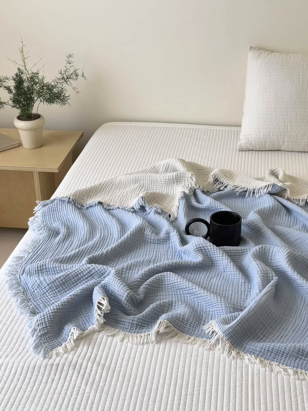 91家纺网 家纺一手货源 找家纺 淑女公社家纺 2025新款双色全棉纯棉皱皱纱流苏毯 双色流苏毯 浅浅蓝