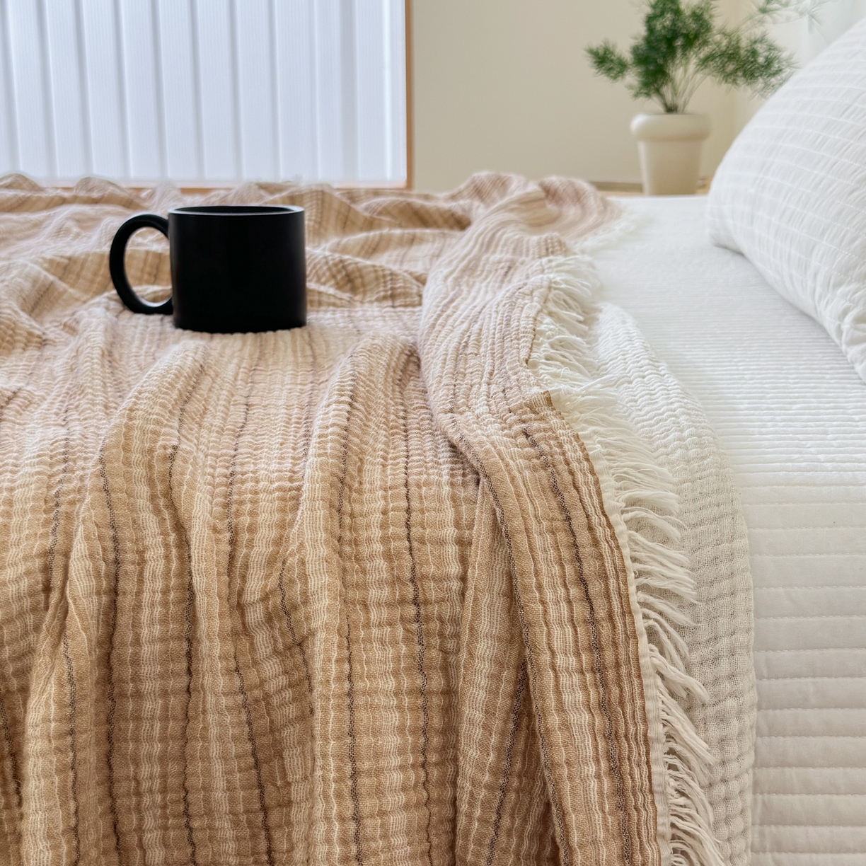 （总）淑女公社家纺 2025新款双色全棉纯棉皱皱纱流苏毯