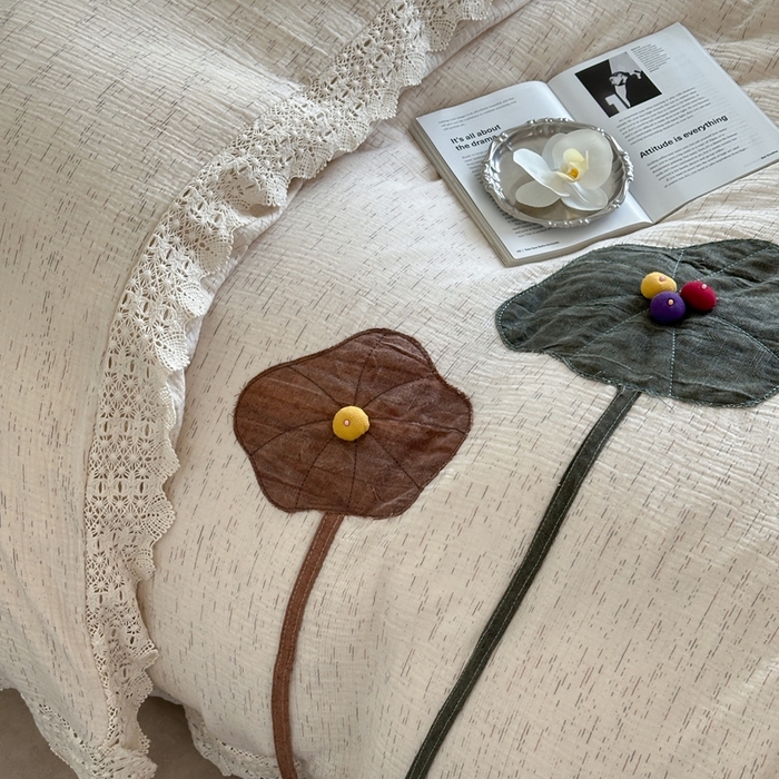 91家纺网 家纺一手货源 找家纺 （总）月夏 2025新款手工贴布棉麻四件套-荷塘月色