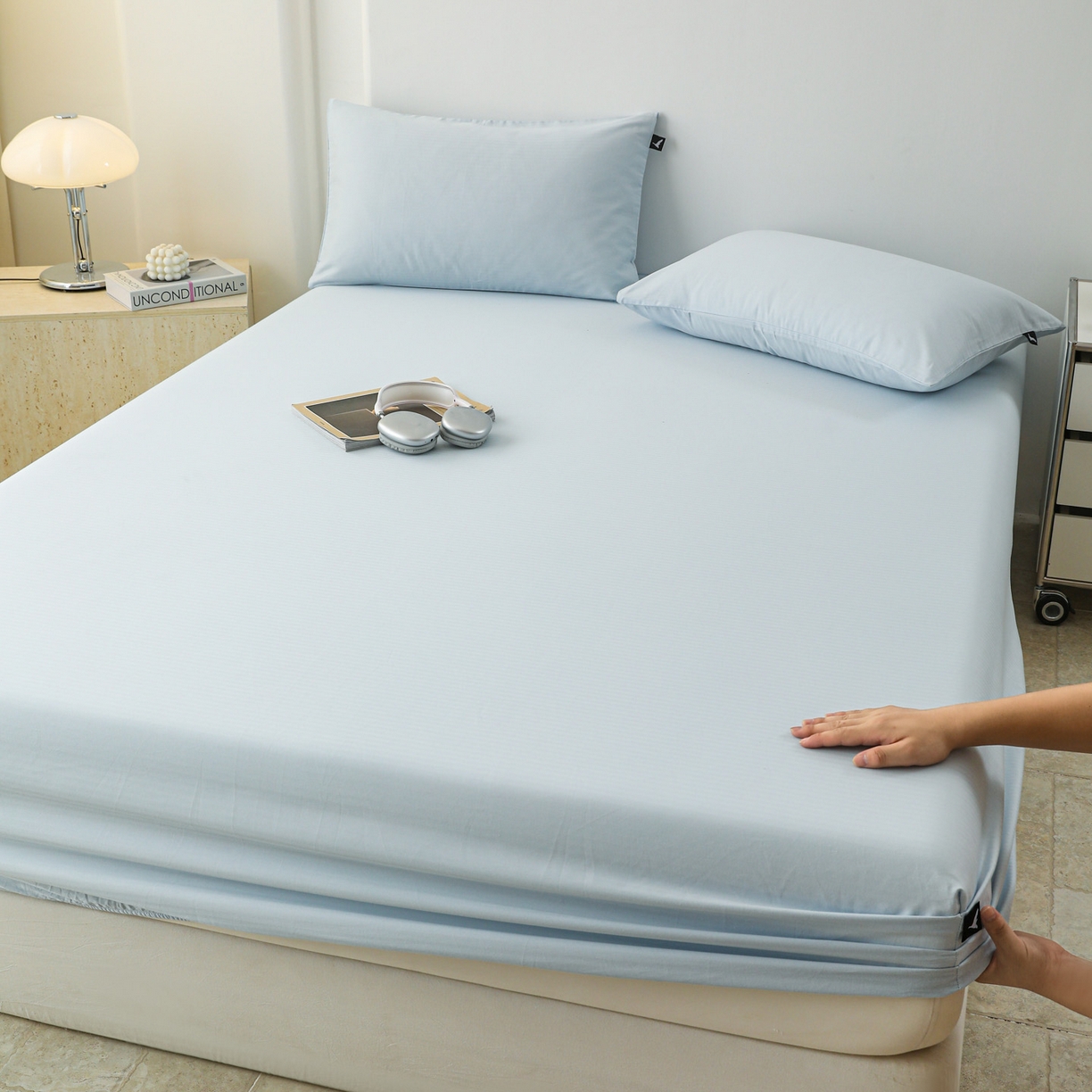 91家纺网 家纺一手货源 找家纺 眠博士 2025新款大雁纹小提花全棉纯棉床笠单件-单床笠 床笠-雁纹嫩蓝