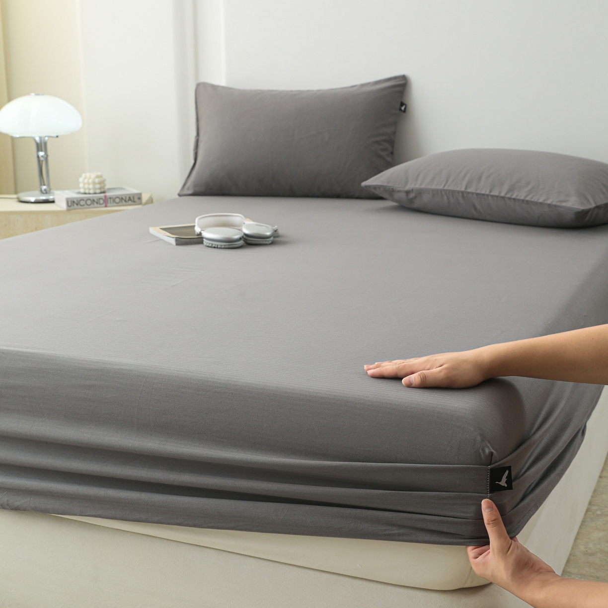 91家纺网 家纺一手货源 找家纺 眠博士 2025新款大雁纹小提花全棉纯棉床笠单件-单床笠 床笠-雁纹灰