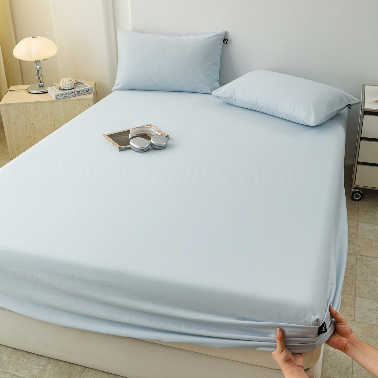 91家纺网 家纺一手货源 找家纺 眠博士 2025新款大雁纹小提花全棉纯棉床笠单件-单床笠 床笠-雁纹嫩蓝