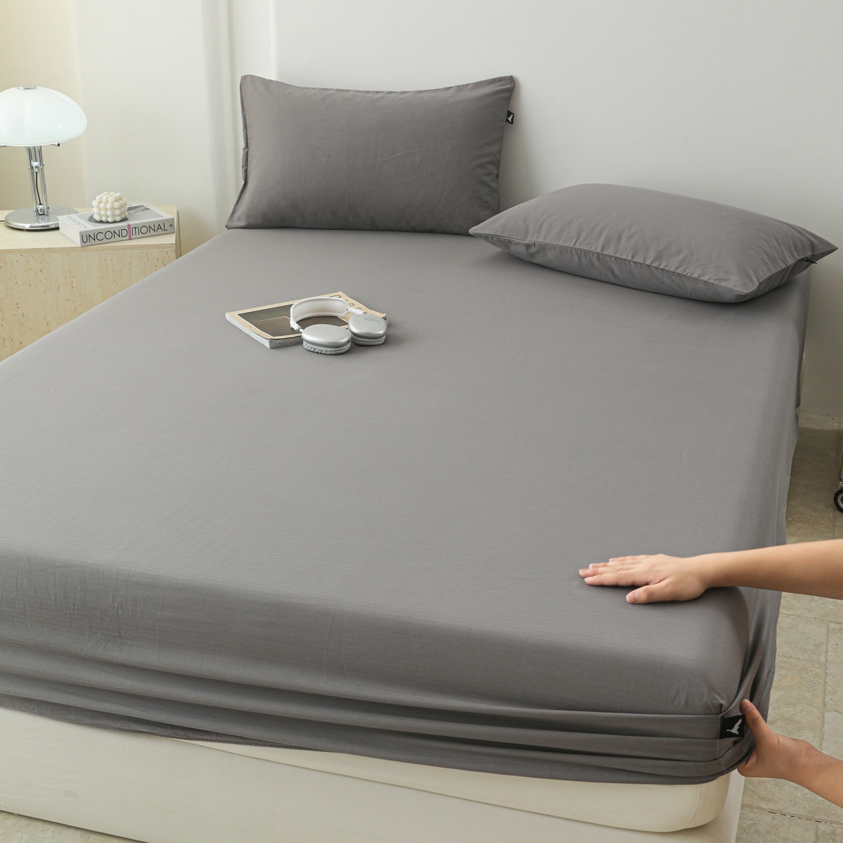 91家纺网 家纺一手货源 找家纺 眠博士 2025新款大雁纹小提花全棉纯棉床笠单件-单床笠 床笠-雁纹灰