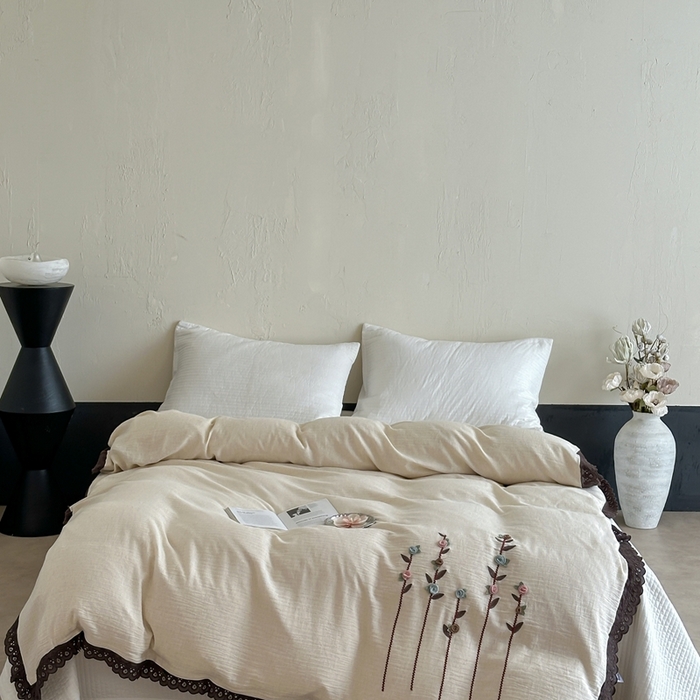 91家纺网 家纺一手货源 找家纺 月夏 2025新款全棉纯棉棉麻单被套被套单件-缤纷花语 缤纷花语-米白色