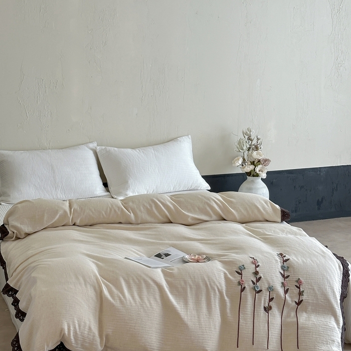 91家纺网 家纺一手货源 找家纺 月夏 2025新款全棉纯棉棉麻单被套被套单件-缤纷花语 缤纷花语-米白色