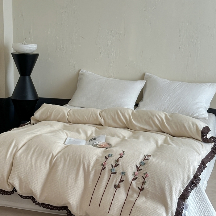 91家纺网 家纺一手货源 找家纺 月夏 2025新款全棉纯棉棉麻单被套被套单件-缤纷花语 缤纷花语-米白色