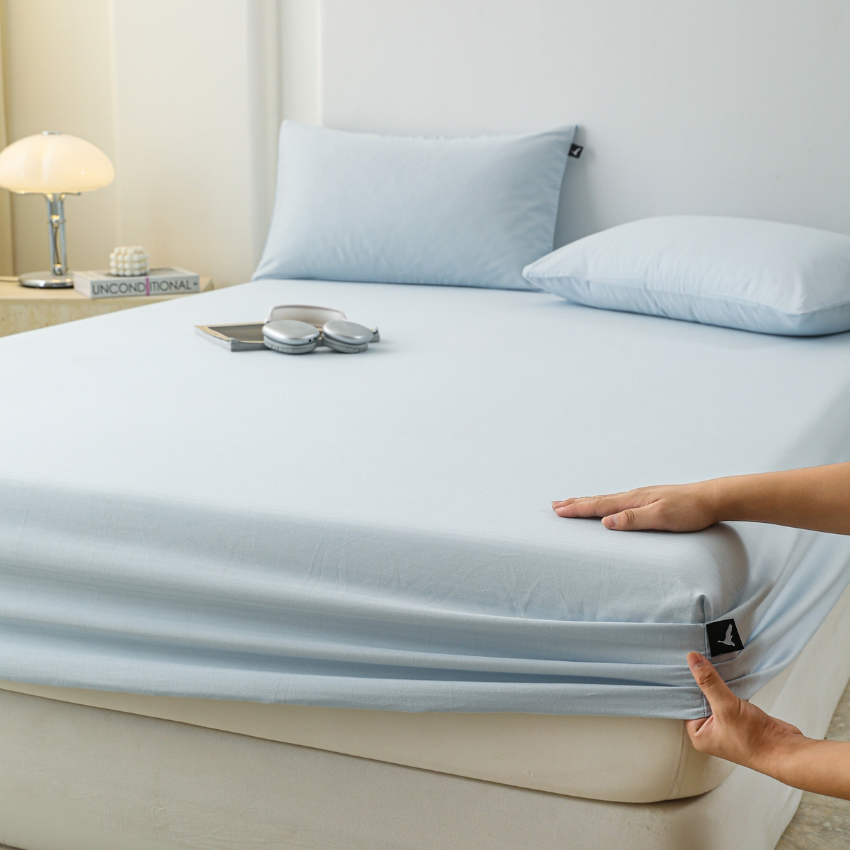 91家纺网 家纺一手货源 找家纺 眠博士 2025新款大雁纹小提花全棉纯棉床笠单件-单床笠 床笠-雁纹嫩蓝