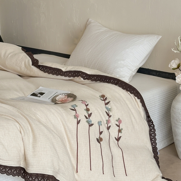 91家纺网 家纺一手货源 找家纺 月夏 2025新款全棉纯棉棉麻单被套被套单件-缤纷花语 缤纷花语-米白色