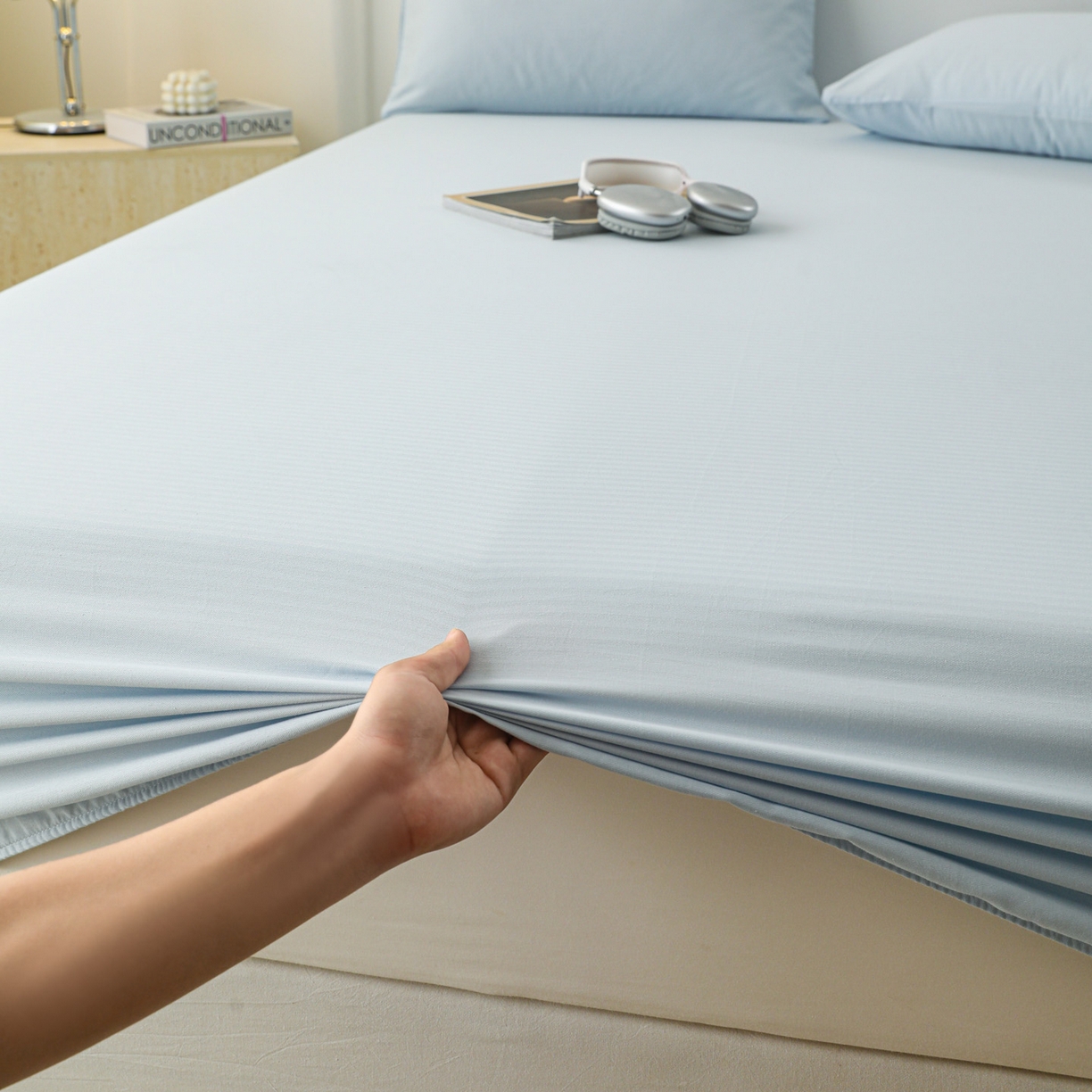 91家纺网 家纺一手货源 找家纺 眠博士 2025新款大雁纹小提花全棉纯棉床笠单件-单床笠 床笠-雁纹嫩蓝