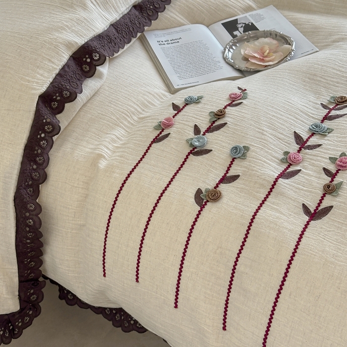 91家纺网 家纺一手货源 找家纺 月夏 2025新款全棉纯棉棉麻单被套被套单件-缤纷花语 缤纷花语-米白色