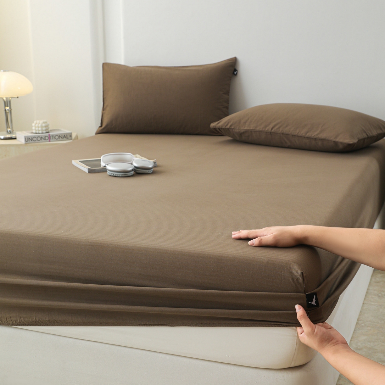 91家纺网 家纺一手货源 找家纺 眠博士 2025新款大雁纹小提花全棉纯棉床笠单件-单床笠 床笠-雁纹棕咖