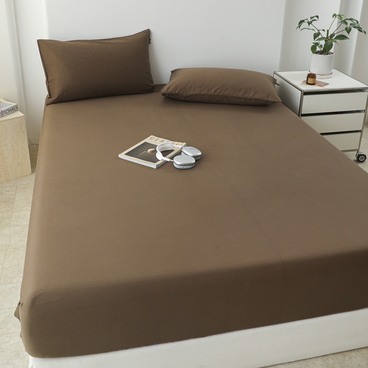 91家纺网 家纺一手货源 找家纺 眠博士 2025新款大雁纹小提花全棉纯棉床笠单件-单床笠 床笠-雁纹棕咖