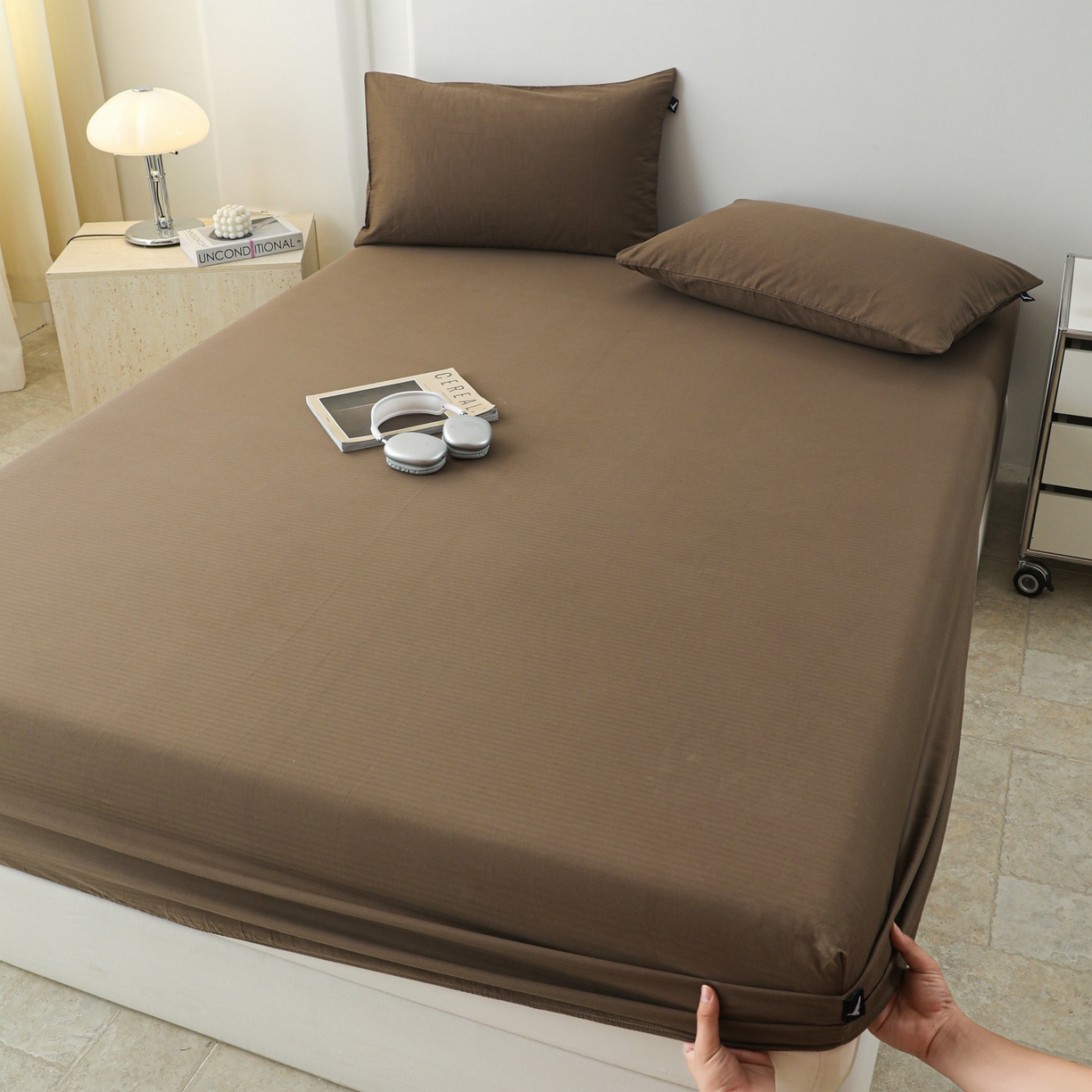 91家纺网 家纺一手货源 找家纺 眠博士 2025新款大雁纹小提花全棉纯棉床笠单件-单床笠 床笠-雁纹棕咖