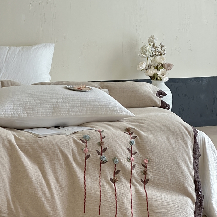 91家纺网 家纺一手货源 找家纺 月夏 2025新款全棉纯棉棉麻单被套被套单件-缤纷花语 缤纷花语-咖色