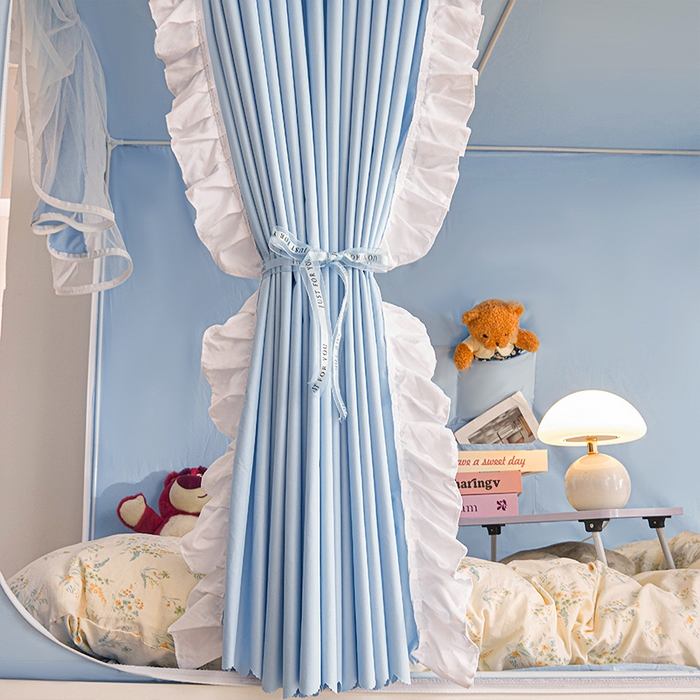 91家纺网 家纺一手货源 找家纺 锦逸家居 2025新款渐变花边款遮光学生蚊帐 渐变花边-天蓝色