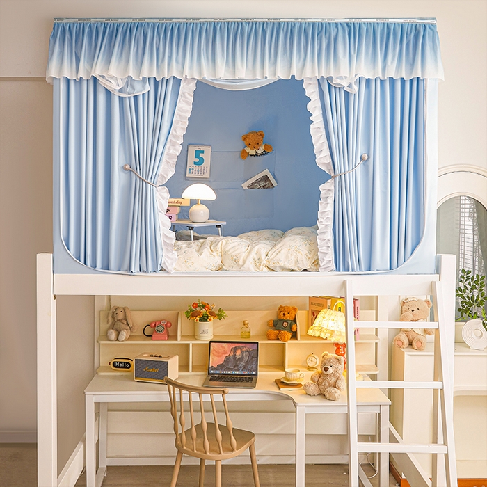 91家纺网 家纺一手货源 找家纺 锦逸家居 2025新款渐变花边款遮光学生蚊帐 渐变花边-天蓝色