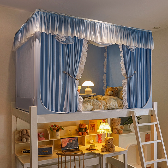 91家纺网 家纺一手货源 找家纺 锦逸家居 2025新款渐变花边款遮光学生蚊帐 渐变花边-天蓝色