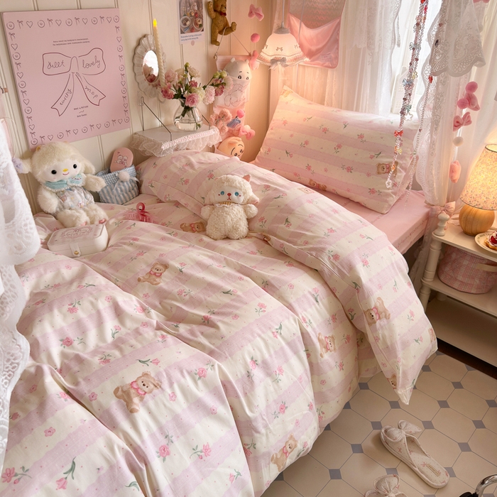 91家纺网 家纺一手货源 找家纺 Sweet dreams甜梦 2025新款学生床全棉纯棉三套件学生三件套宿舍三件套上下铺三件套 花花小熊