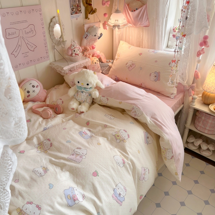 91家纺网 家纺一手货源 找家纺 Sweet dreams甜梦 2025新款学生床全棉纯棉三套件学生三件套宿舍三件套上下铺三件套 波点猫猫