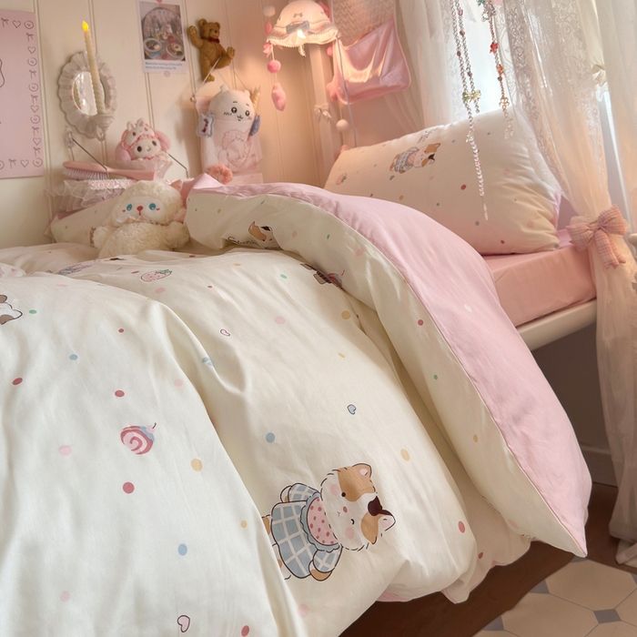 91家纺网 家纺一手货源 找家纺 Sweet dreams甜梦 2025新款学生床全棉纯棉三套件学生三件套宿舍三件套上下铺三件套 元气猫猫