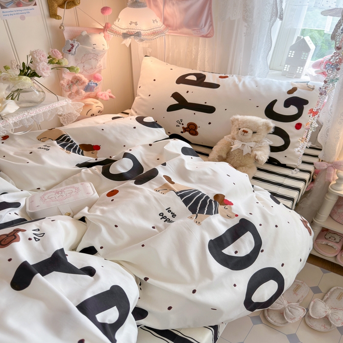 91家纺网 家纺一手货源 找家纺 Sweet dreams甜梦 2025新款学生床全棉纯棉三套件学生三件套宿舍三件套上下铺三件套 字母腊肠狗