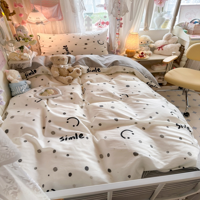 91家纺网 家纺一手货源 找家纺 Sweet dreams甜梦 2025新款学生床全棉纯棉三套件学生三件套宿舍三件套上下铺三件套 波点笑脸