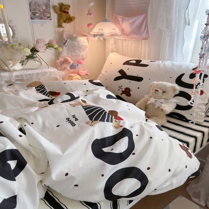 91家纺网 家纺一手货源 找家纺 Sweet dreams甜梦 2025新款学生床全棉纯棉三套件学生三件套宿舍三件套上下铺三件套 字母腊肠狗