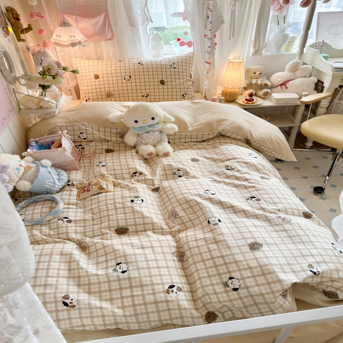 91家纺网 家纺一手货源 找家纺 Sweet dreams甜梦 2025新款学生床全棉纯棉三套件学生三件套宿舍三件套上下铺三件套 格子小狗