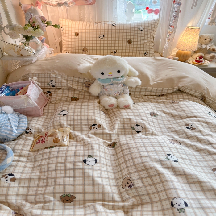 91家纺网 家纺一手货源 找家纺 Sweet dreams甜梦 2025新款学生床全棉纯棉三套件学生三件套宿舍三件套上下铺三件套 格子小狗