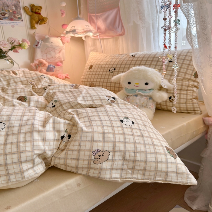 91家纺网 家纺一手货源 找家纺 Sweet dreams甜梦 2025新款学生床全棉纯棉三套件学生三件套宿舍三件套上下铺三件套 格子小狗