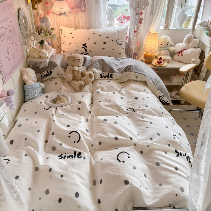 91家纺网 家纺一手货源 找家纺 Sweet dreams甜梦 2025新款学生床全棉纯棉三套件学生三件套宿舍三件套上下铺三件套 波点笑脸