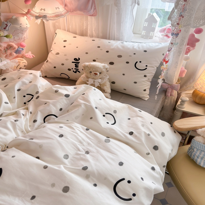 91家纺网 家纺一手货源 找家纺 Sweet dreams甜梦 2025新款学生床全棉纯棉三套件学生三件套宿舍三件套上下铺三件套 波点笑脸