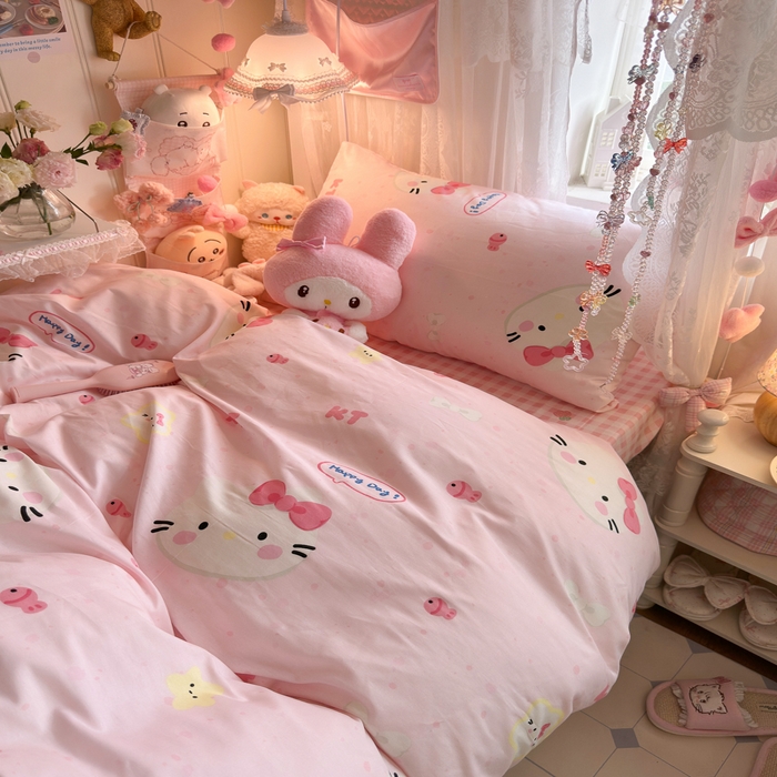 91家纺网 家纺一手货源 找家纺 Sweet dreams甜梦 2025新款学生床全棉纯棉三套件学生三件套宿舍三件套上下铺三件套 粉色猫猫