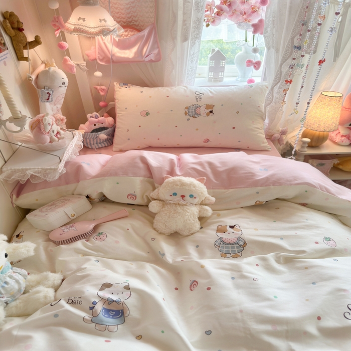 91家纺网 家纺一手货源 找家纺 Sweet dreams甜梦 2025新款学生床全棉纯棉三套件学生三件套宿舍三件套上下铺三件套 元气猫猫