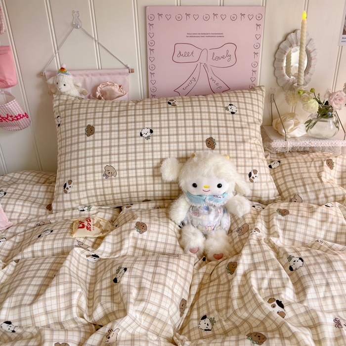 91家纺网 家纺一手货源 找家纺 Sweet dreams甜梦 2025新款学生床全棉纯棉三套件学生三件套宿舍三件套上下铺三件套 格子小狗