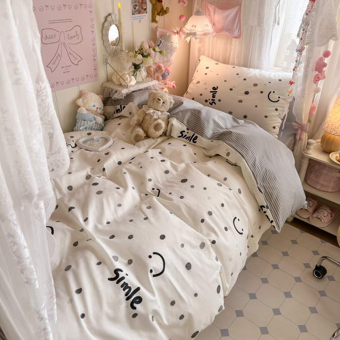 91家纺网 家纺一手货源 找家纺 Sweet dreams甜梦 2025新款学生床全棉纯棉三套件学生三件套宿舍三件套上下铺三件套 波点笑脸