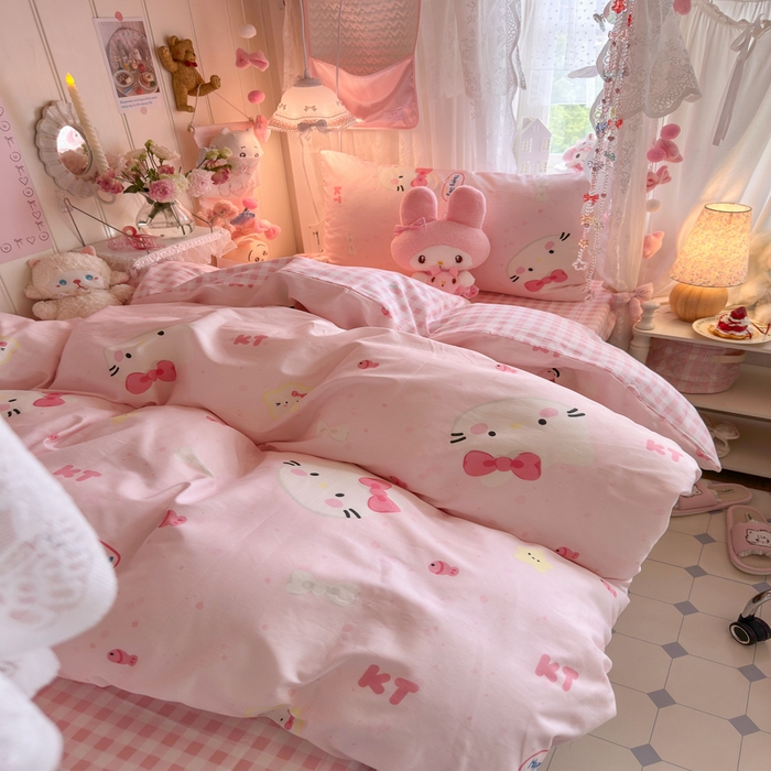 91家纺网 家纺一手货源 找家纺 Sweet dreams甜梦 2025新款学生床全棉纯棉三套件学生三件套宿舍三件套上下铺三件套 粉色猫猫