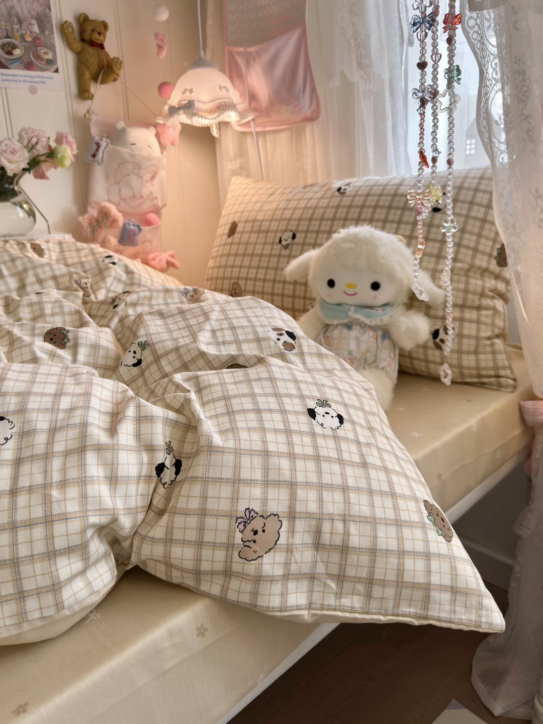 91家纺网 家纺一手货源 找家纺 Sweet dreams甜梦 2025新款学生床全棉纯棉三套件学生三件套宿舍三件套上下铺三件套 格子小狗