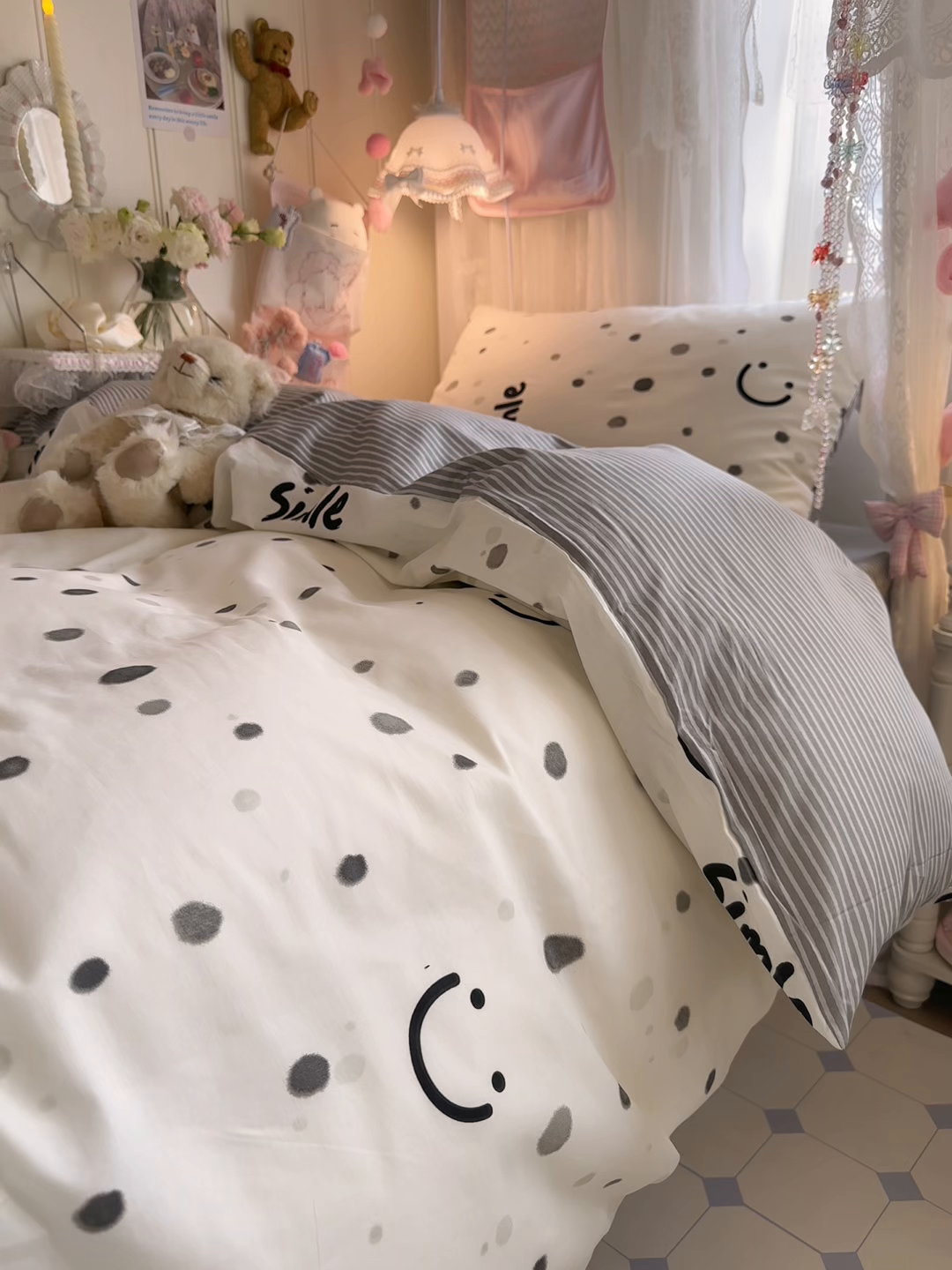 91家纺网 家纺一手货源 找家纺 Sweet dreams甜梦 2025新款学生床全棉纯棉三套件学生三件套宿舍三件套上下铺三件套 波点笑脸