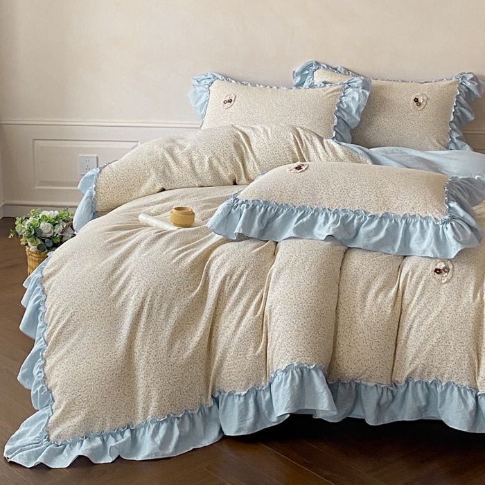 91家纺网 家纺一手货源 找家纺 梦舒羽2025新款波点花边四件套-宁静花园 宁静花园-繁星蓝