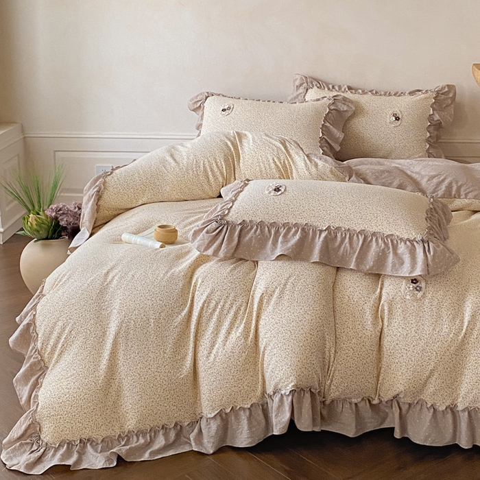 91家纺网 家纺一手货源 找家纺 梦舒羽2025新款波点花边四件套-宁静花园 宁静花园-时尚咖