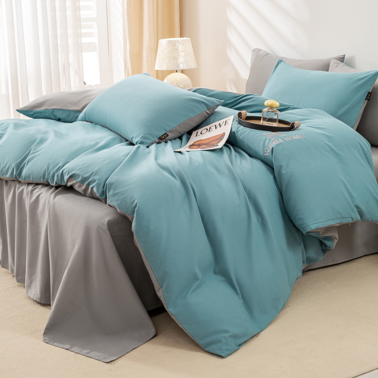 91家纺网 家纺一手货源 找家纺 憨豆家纺 2025新款秋冬全棉加厚磨毛四件套纯棉床单被套床笠纯色三件套（提供买家秀） 梦境--远山雾蓝