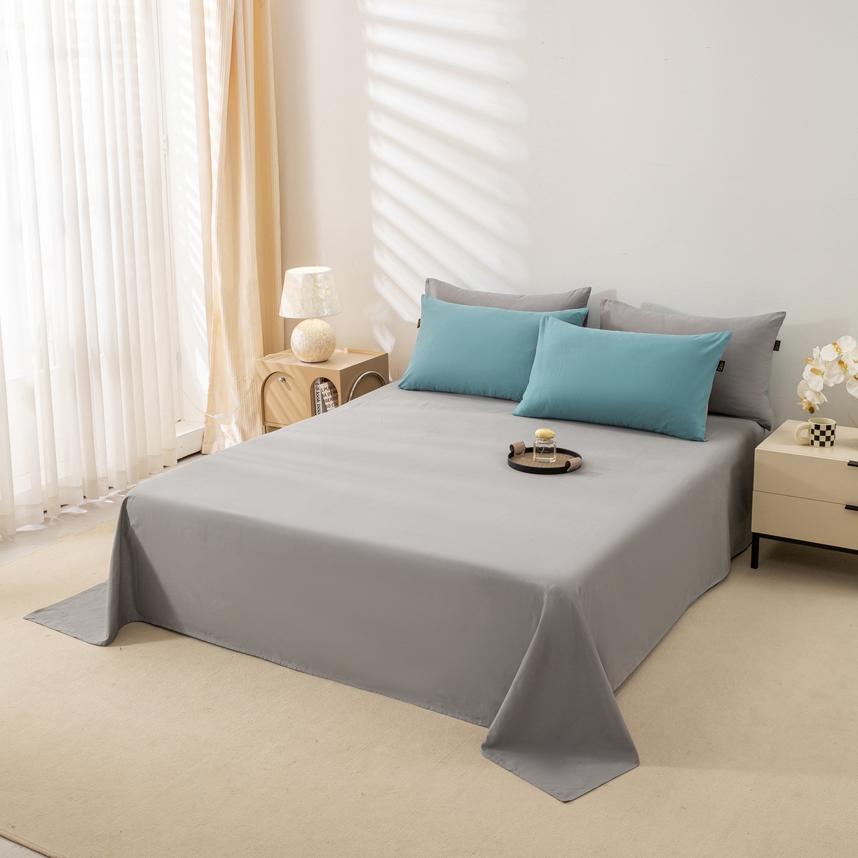 91家纺网 家纺一手货源 找家纺 憨豆家纺 2025新款秋冬全棉加厚磨毛四件套纯棉床单被套床笠纯色三件套（提供买家秀） 梦境--远山雾蓝