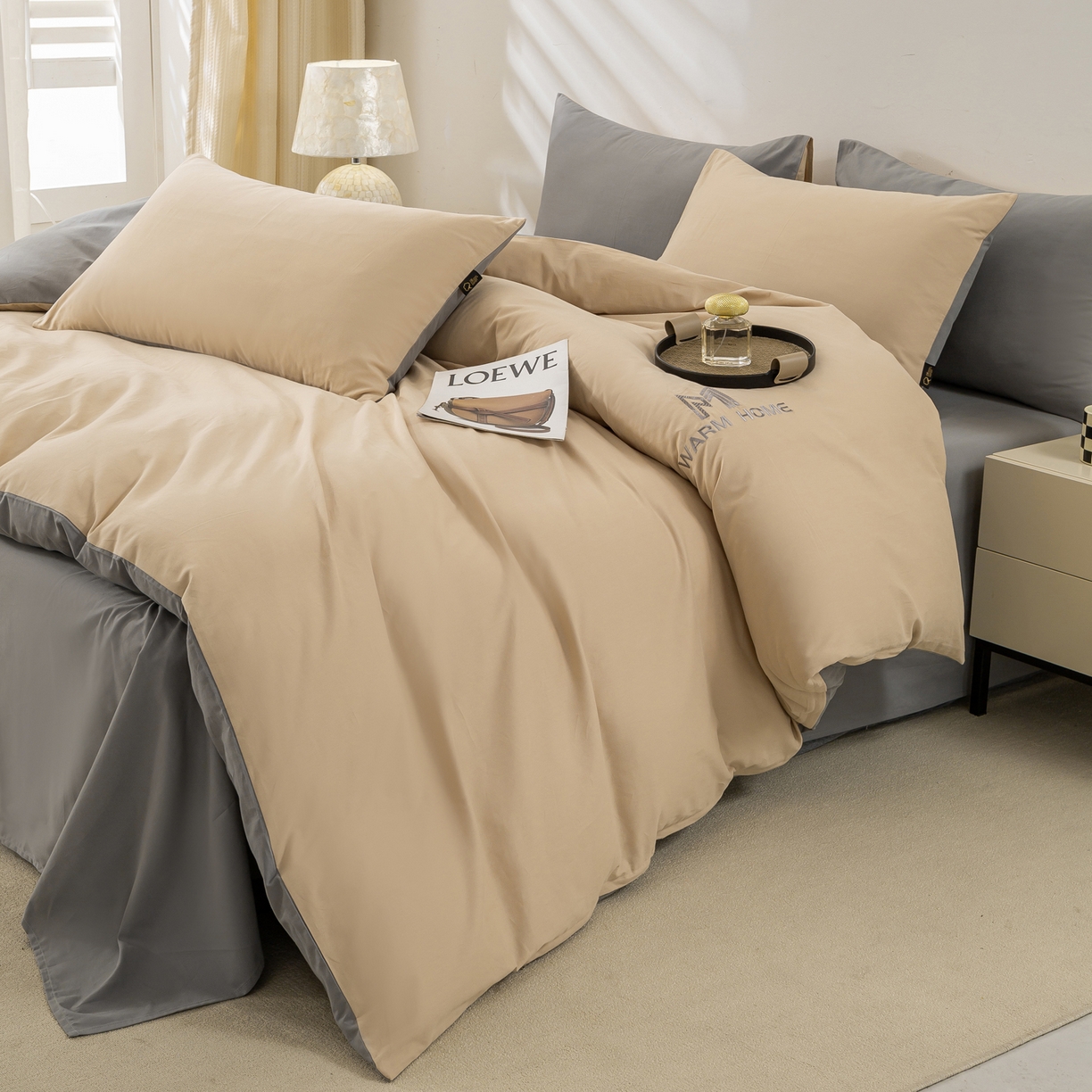 91家纺网 家纺一手货源 找家纺 憨豆家纺 2025新款秋冬全棉加厚磨毛四件套纯棉床单被套床笠纯色三件套（提供买家秀） 梦境--卡其深灰