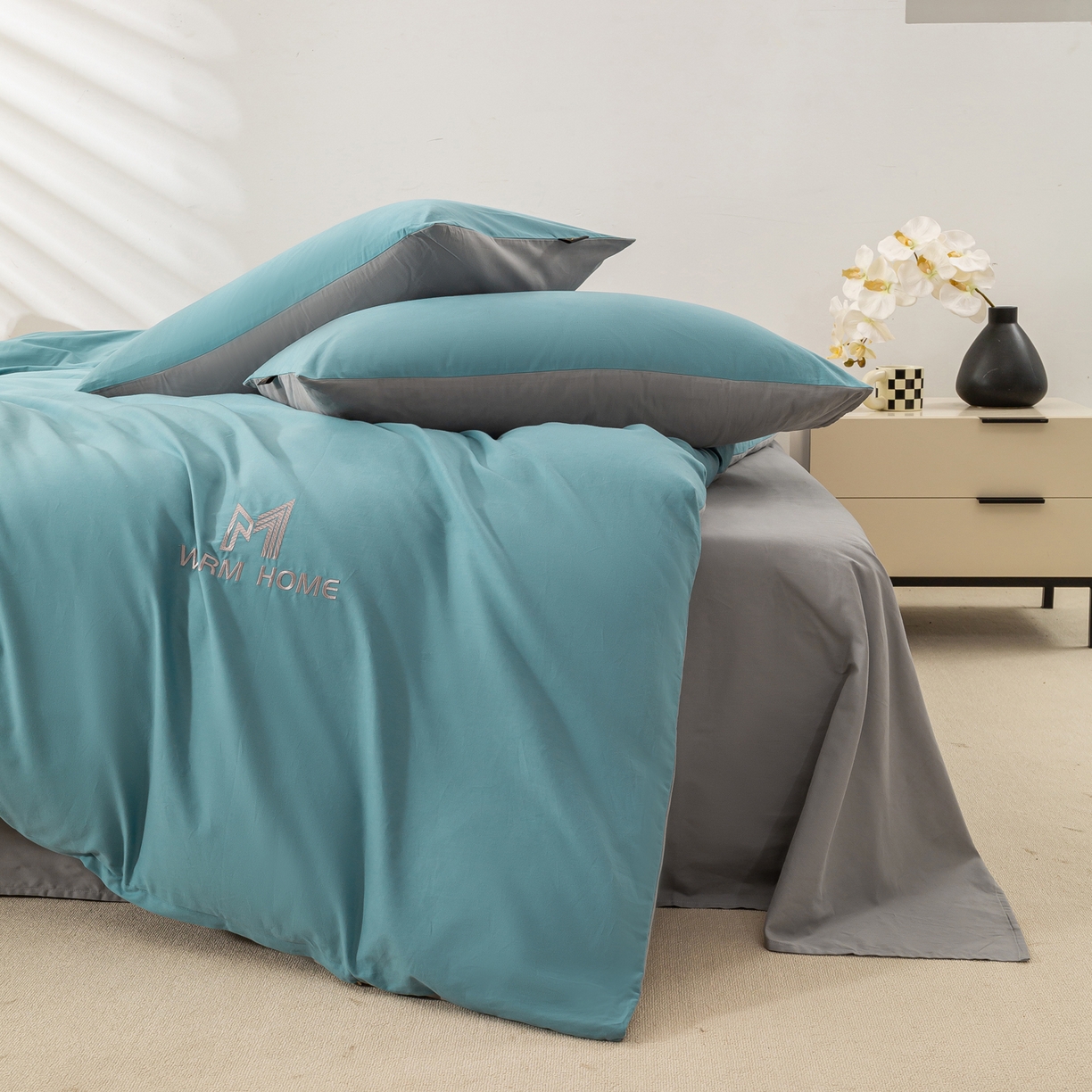 91家纺网 家纺一手货源 找家纺 憨豆家纺 2025新款秋冬全棉加厚磨毛四件套纯棉床单被套床笠纯色三件套（提供买家秀） 梦境--远山雾蓝